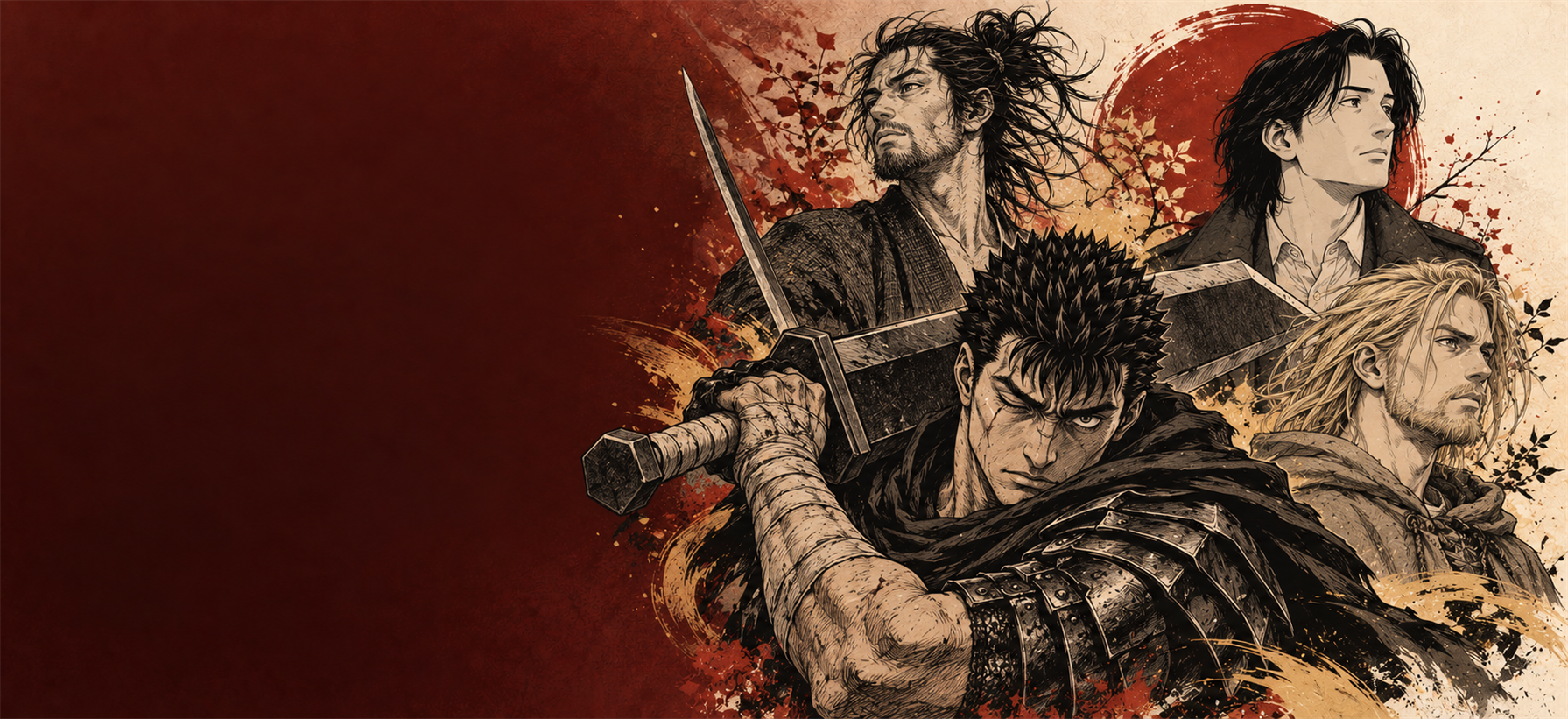 Guts, Miyamoto Musashi, Thorfinn and Dr. Kenzo Tenma in a seinen manga illustration